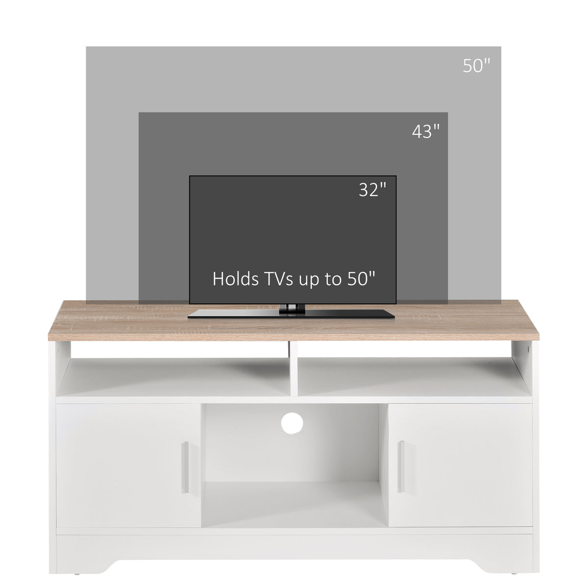 White and Wood TV Stand with Cabinets and Open Shelf