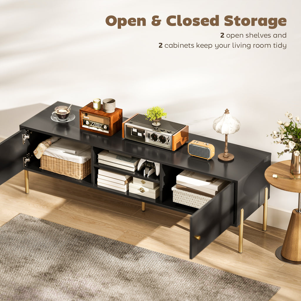 Black Fluted TV Stand with Gold Legs and 2 Cabinets