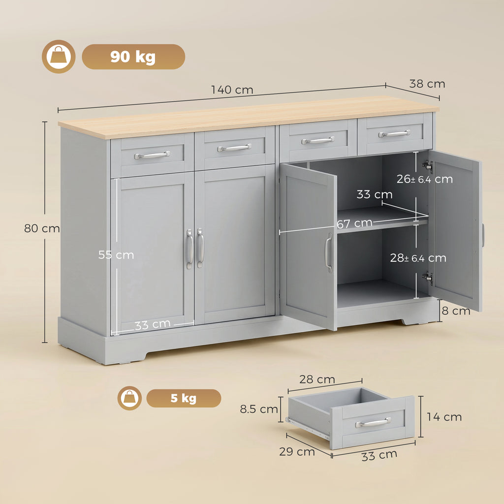 Sideboard Buffet Cabinet with Four Drawers and Adjustable Shelves - Grey
