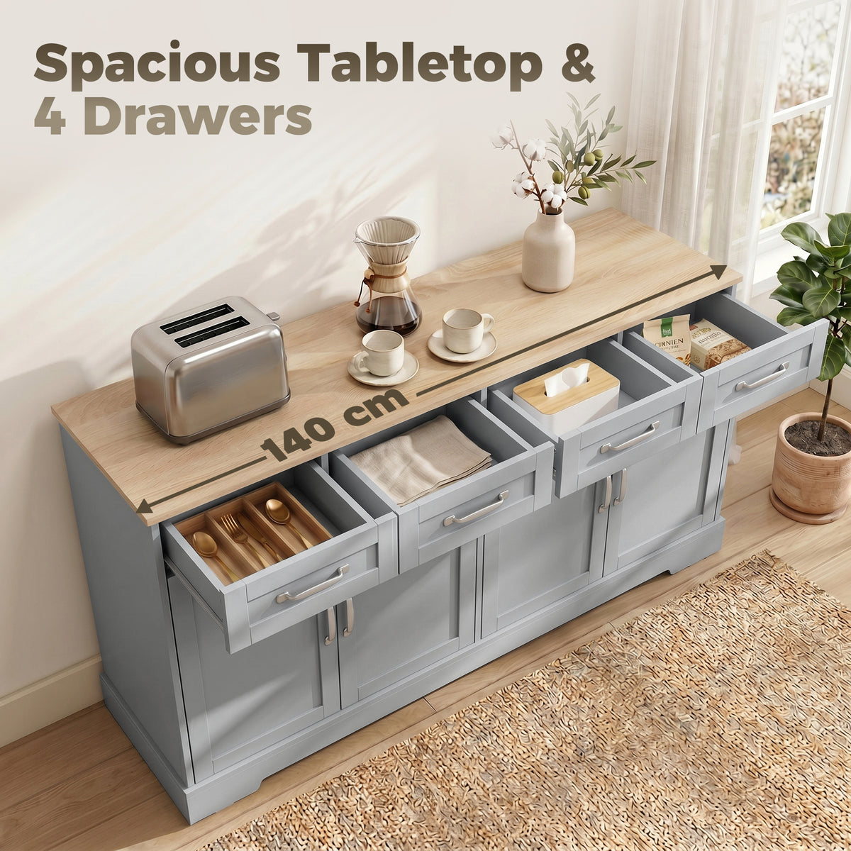 Sideboard Buffet Cabinet with Four Drawers and Adjustable Shelves - Grey