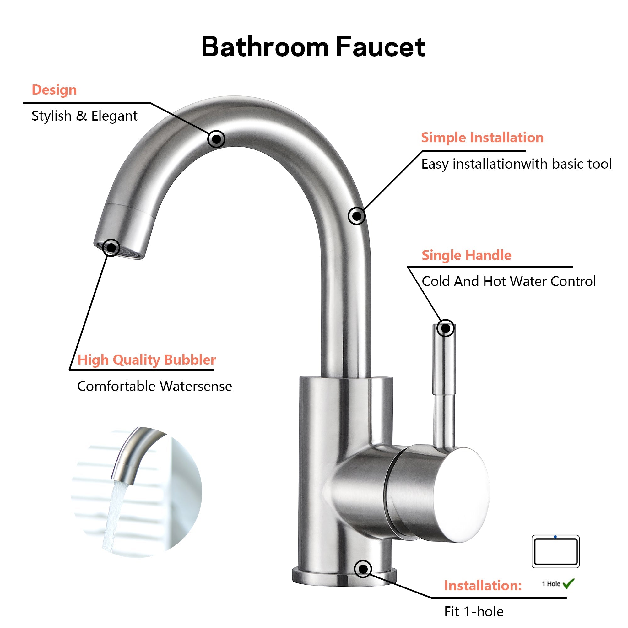 Brushed Nickel Single Handle Bathroom Sink Faucet Modern Bathroom Decor