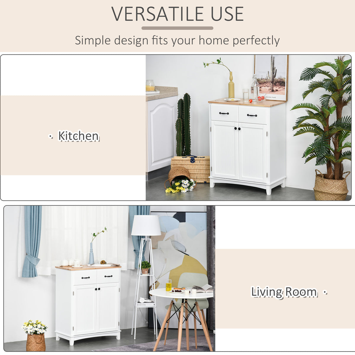 Coastal Sideboard with Wooden Countertop and Storage Drawers White