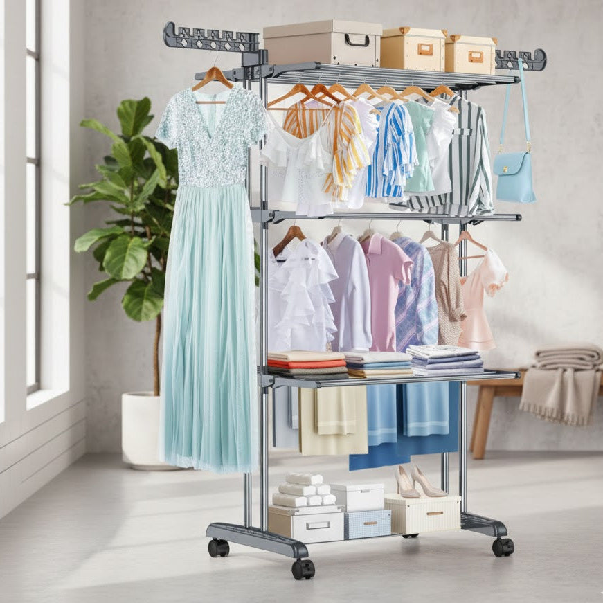 Extra-Large 4-Tier Foldable Clothes Airer with Wheels