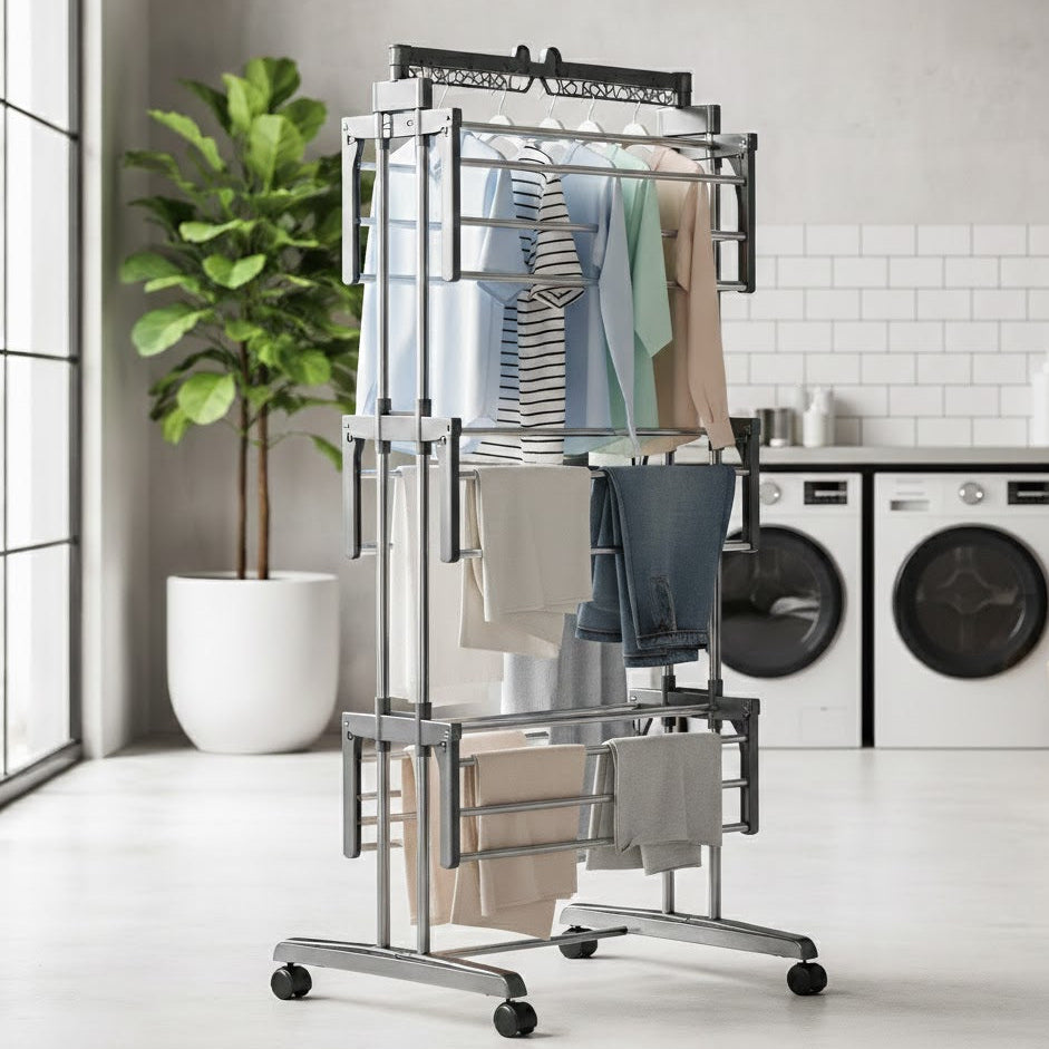 Extra-Large 4-Tier Foldable Clothes Airer with Wheels