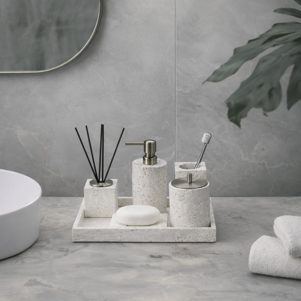 Alabaster Travertine Stone Bathroom Accessory Set Modern Bathroom Decor