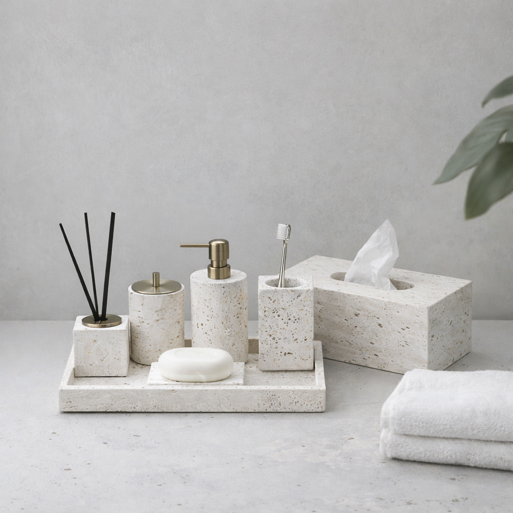 Alabaster Travertine Stone Bathroom Accessory Set Modern Bathroom Decor