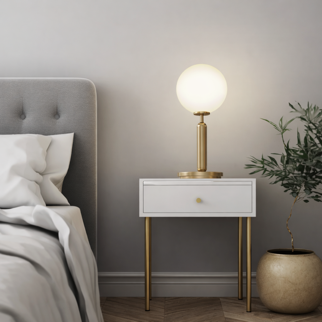 Modern Brushed Gold Table Lamp with Glass Shade Warm Ambient Lighting