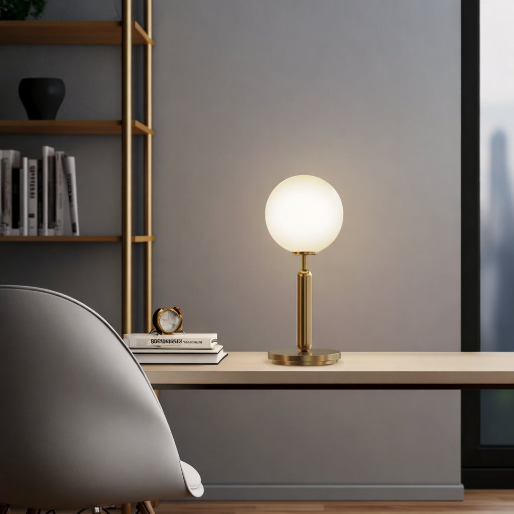 Modern Brushed Gold Table Lamp with Glass Shade Warm Ambient Lighting