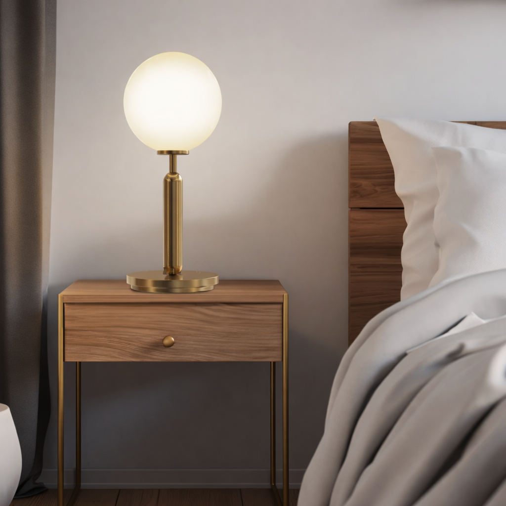 Modern Brushed Gold Table Lamp with Glass Shade Warm Ambient Lighting