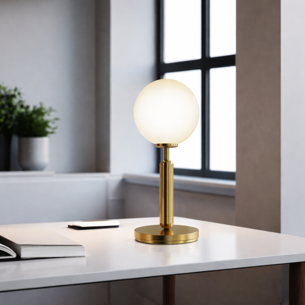 Modern Brushed Gold Table Lamp with Glass Shade Warm Ambient Lighting