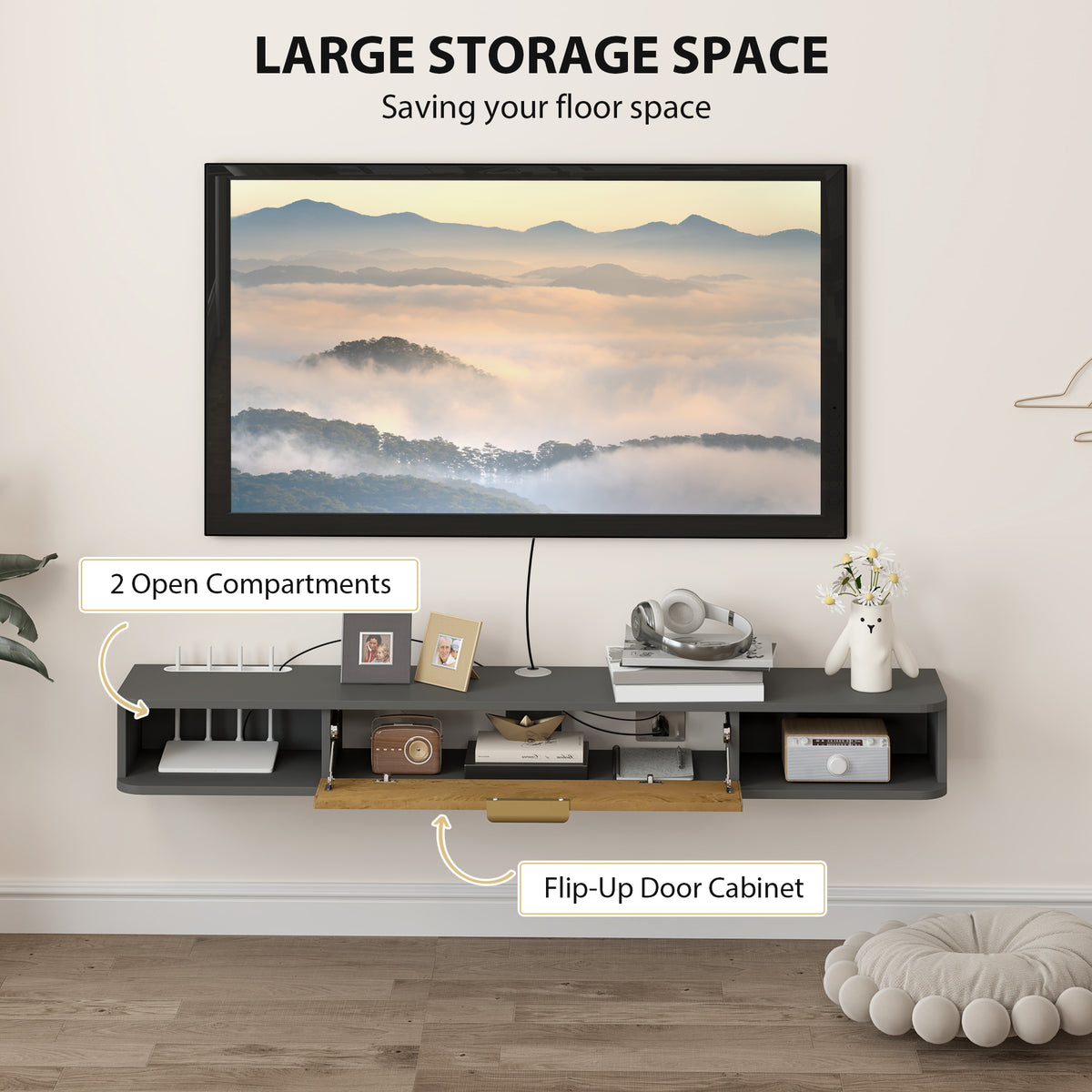 Charcoal Grey Floating TV Cabinet with Cable Management