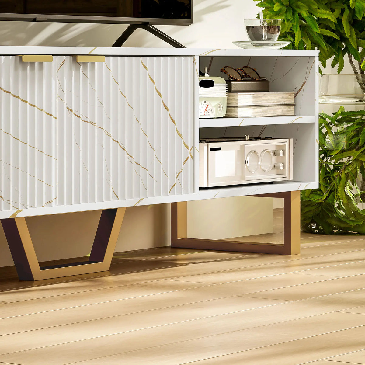 Marble Effect TV Unit with Fluted Cabinet Doors