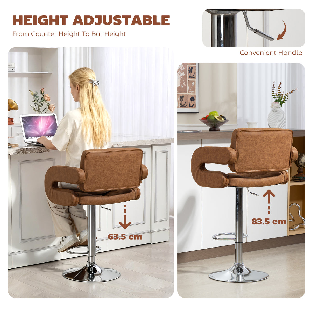 PU Leather Swivel Bar Stool with Backrest and Footrest - Brown