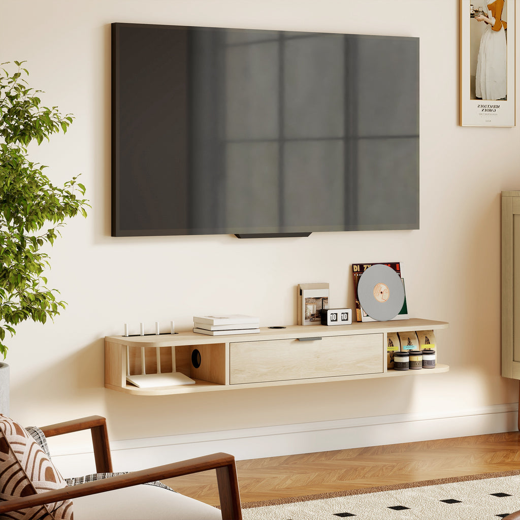 Natural Wood Floating TV Unit with Flip Drawer