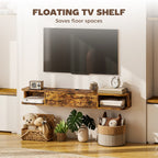 Natural Wood Floating TV Unit with Flip Drawer - Rustic Brown