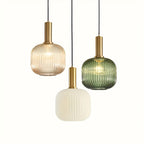 Modern Ribbed Glass Pendant Light with Brass Finish