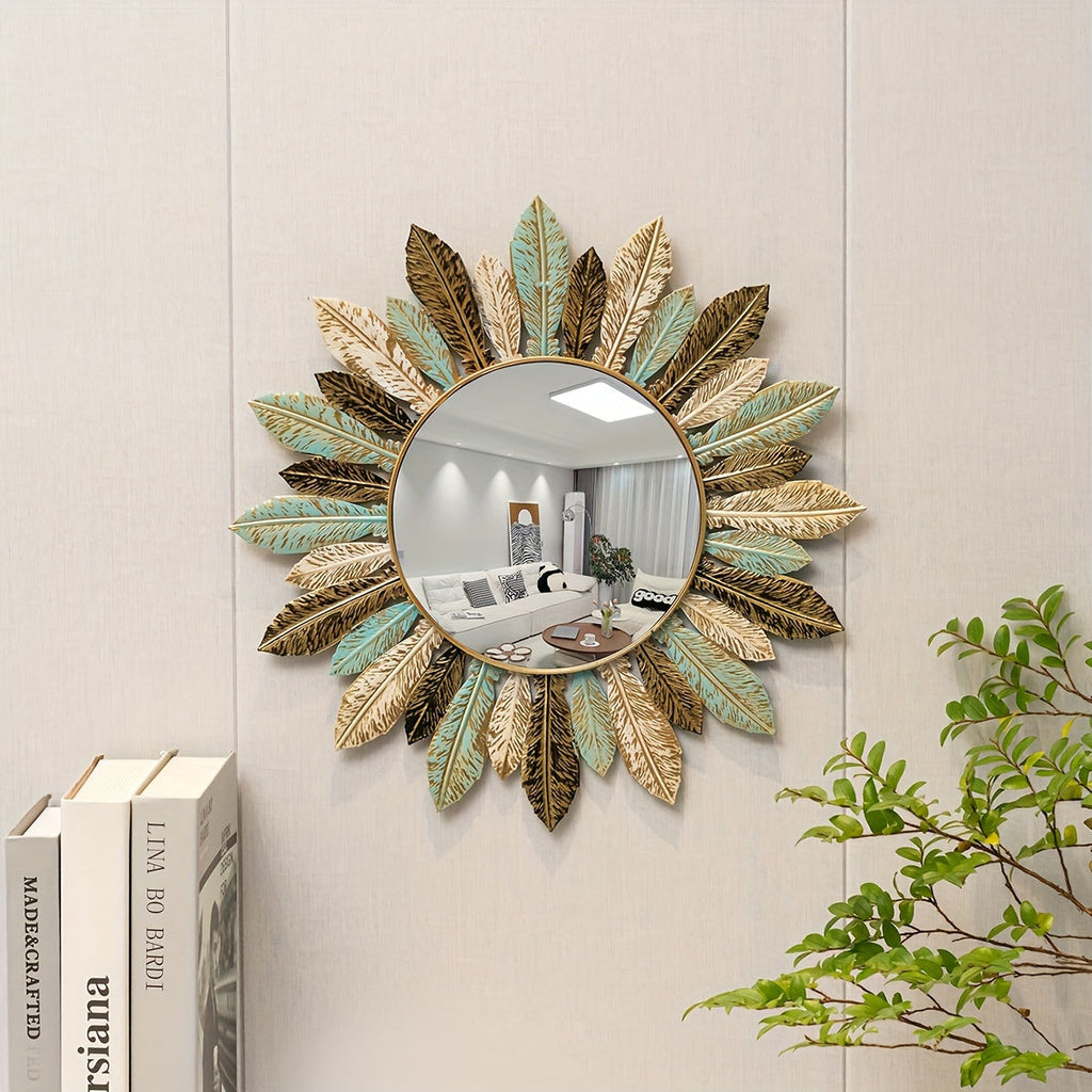 Bohemian Sunburst Metal Wall Mirror with Teal and Gold Leaf Design