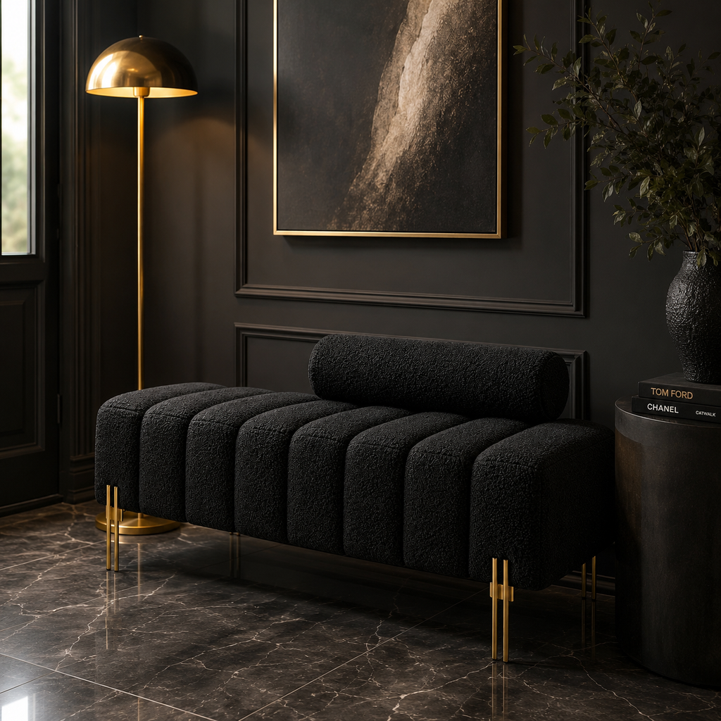 Black Sherpa Upholstered End of Bed Bench with Gold Legs
