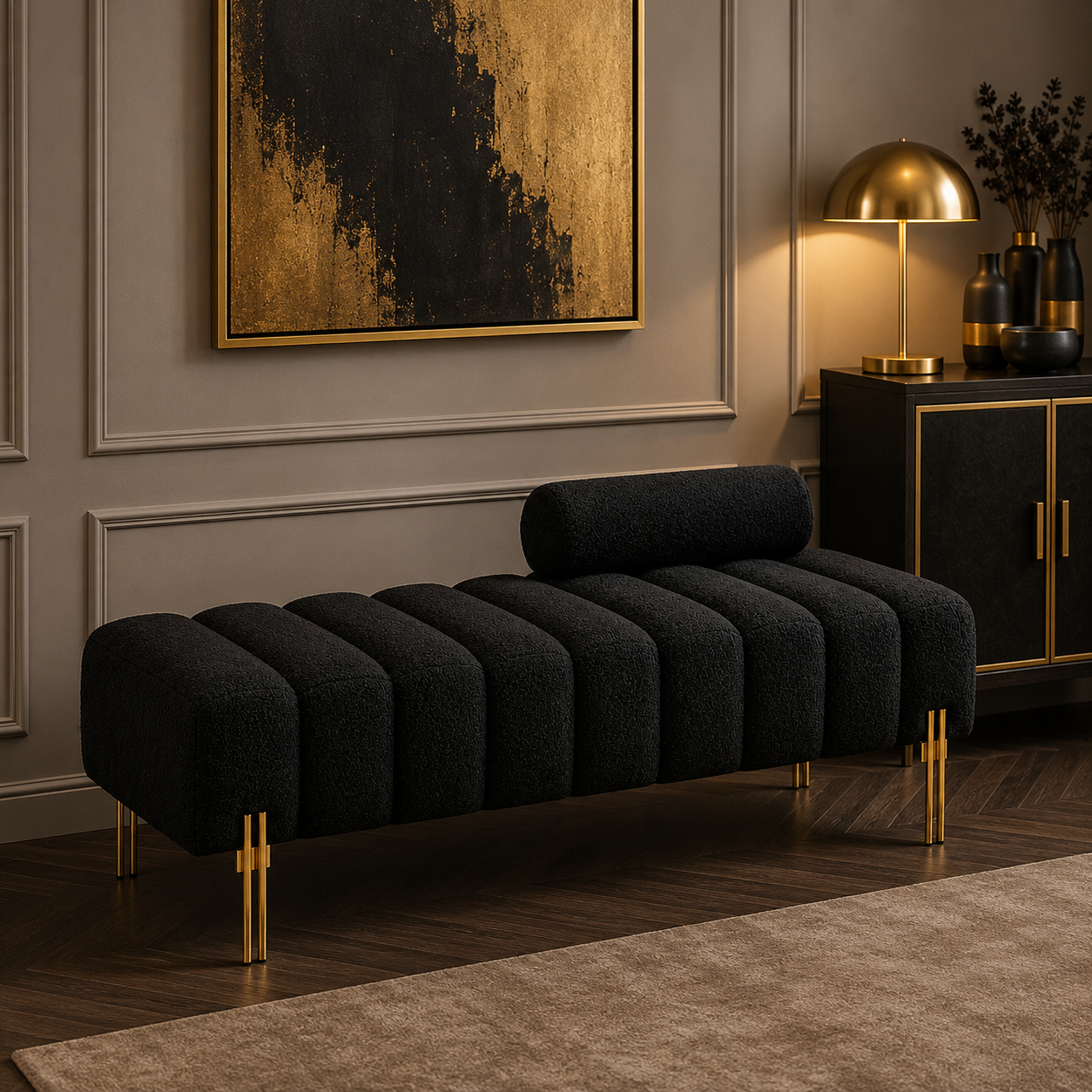 Black Sherpa Upholstered End of Bed Bench with Gold Legs