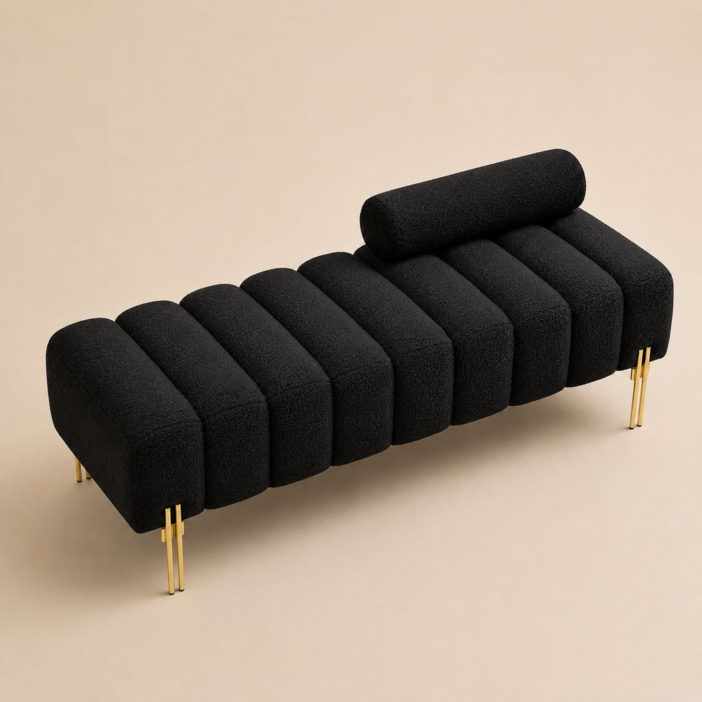 Black Sherpa Upholstered End of Bed Bench with Gold Legs