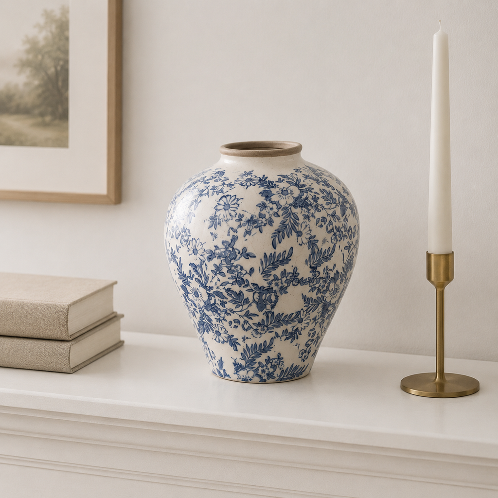 Hand-Painted Blue & White Ceramic Vase