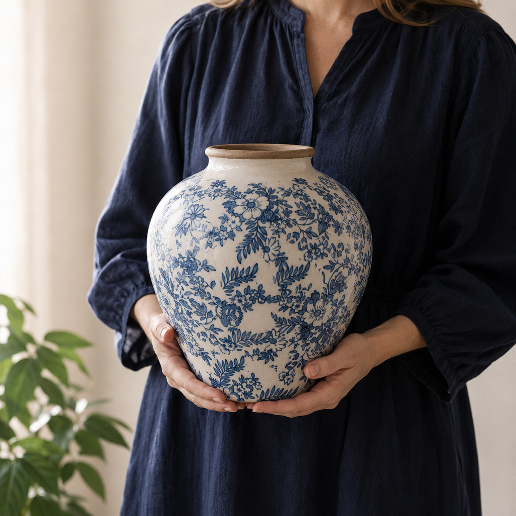 Hand-Painted Blue & White Ceramic Vase