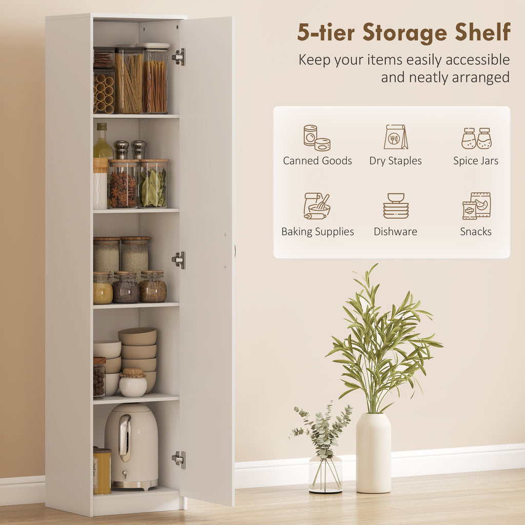 Slim Five-Tier Pantry Storage Cabinet with Soft-Close Hinges White