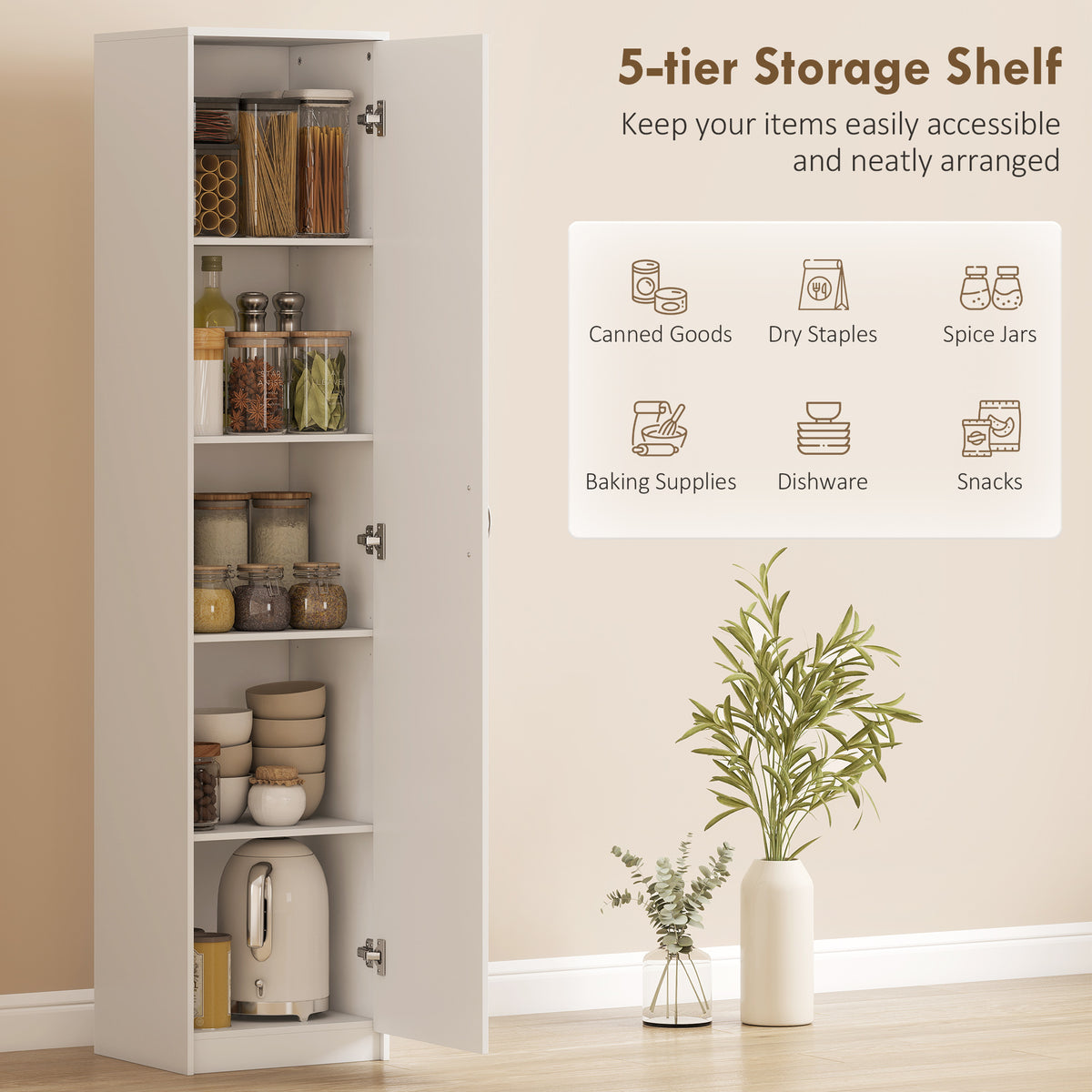 Slim Five-Tier Pantry Storage Cabinet with Soft-Close Hinges White