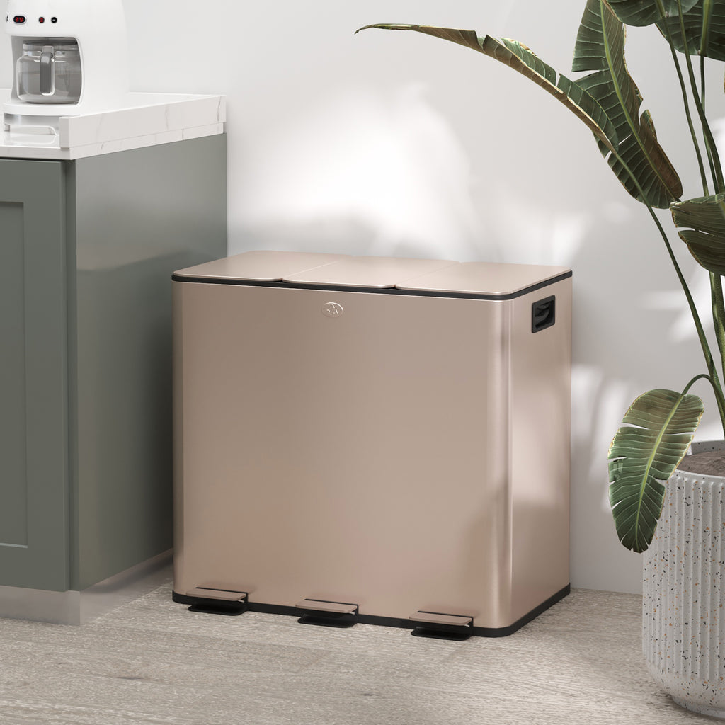 Triple Compartment Pedal Bin with Soft-Close Lid - Gold Tone