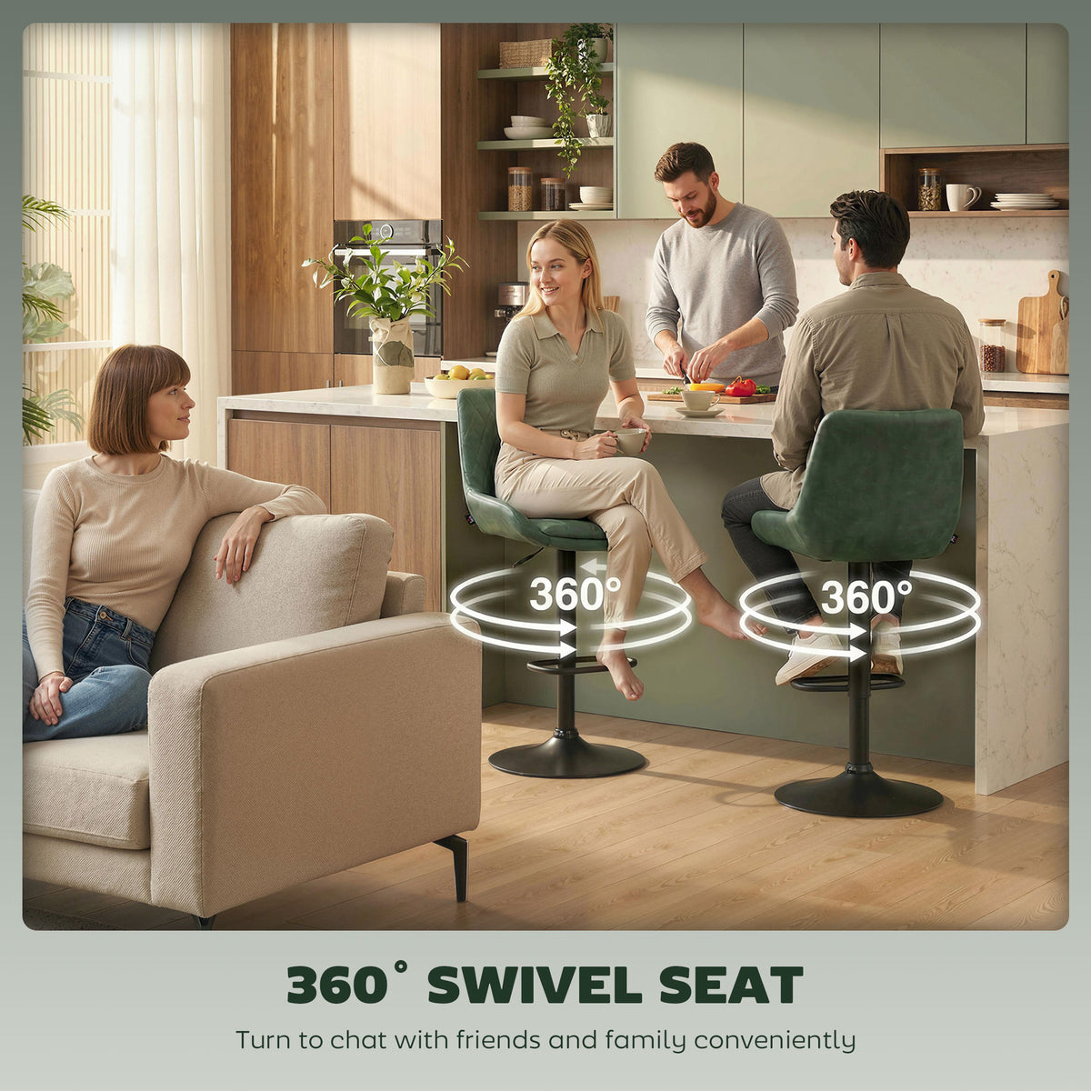 Retro Faux Leather Bar Stools Set of 2 with Adjustable Height - Green