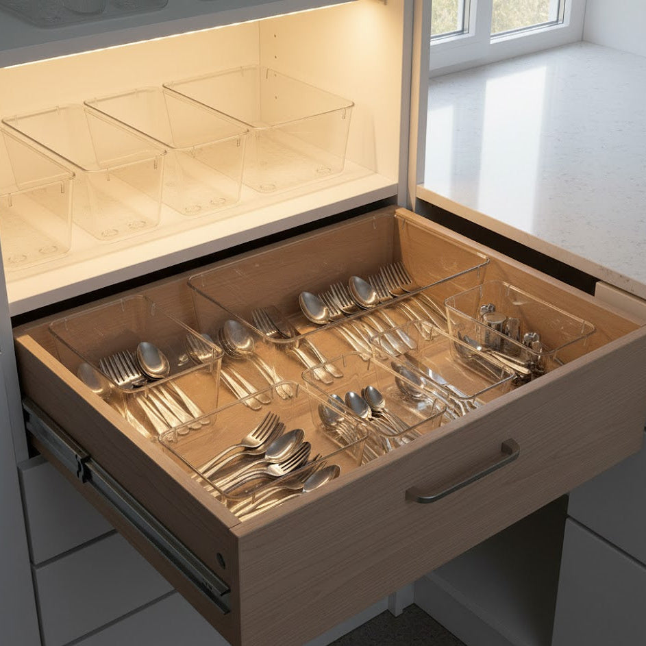 Clear Drawer Organiser Tray Set for Makeup, Cutlery & Home Storage (12-Piece Set) Modern Home Storage
