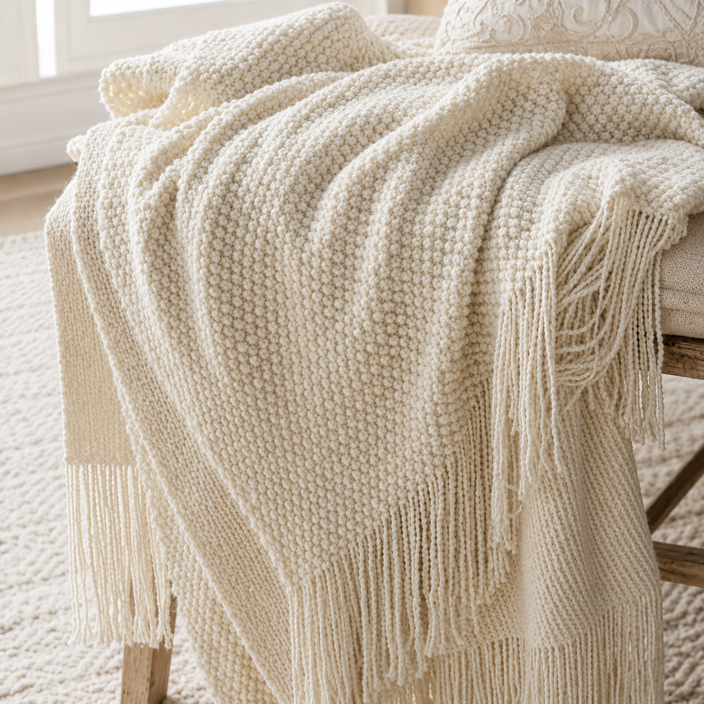 Cream White Knit Throw Blanket
