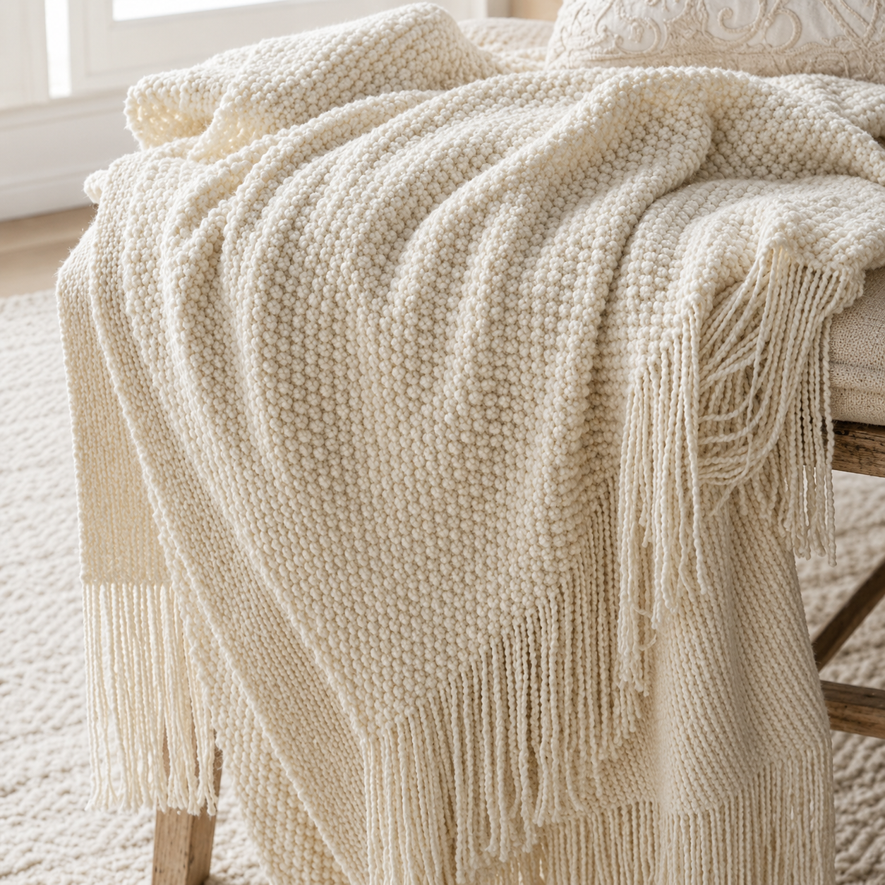 Cream White Knit Throw Blanket