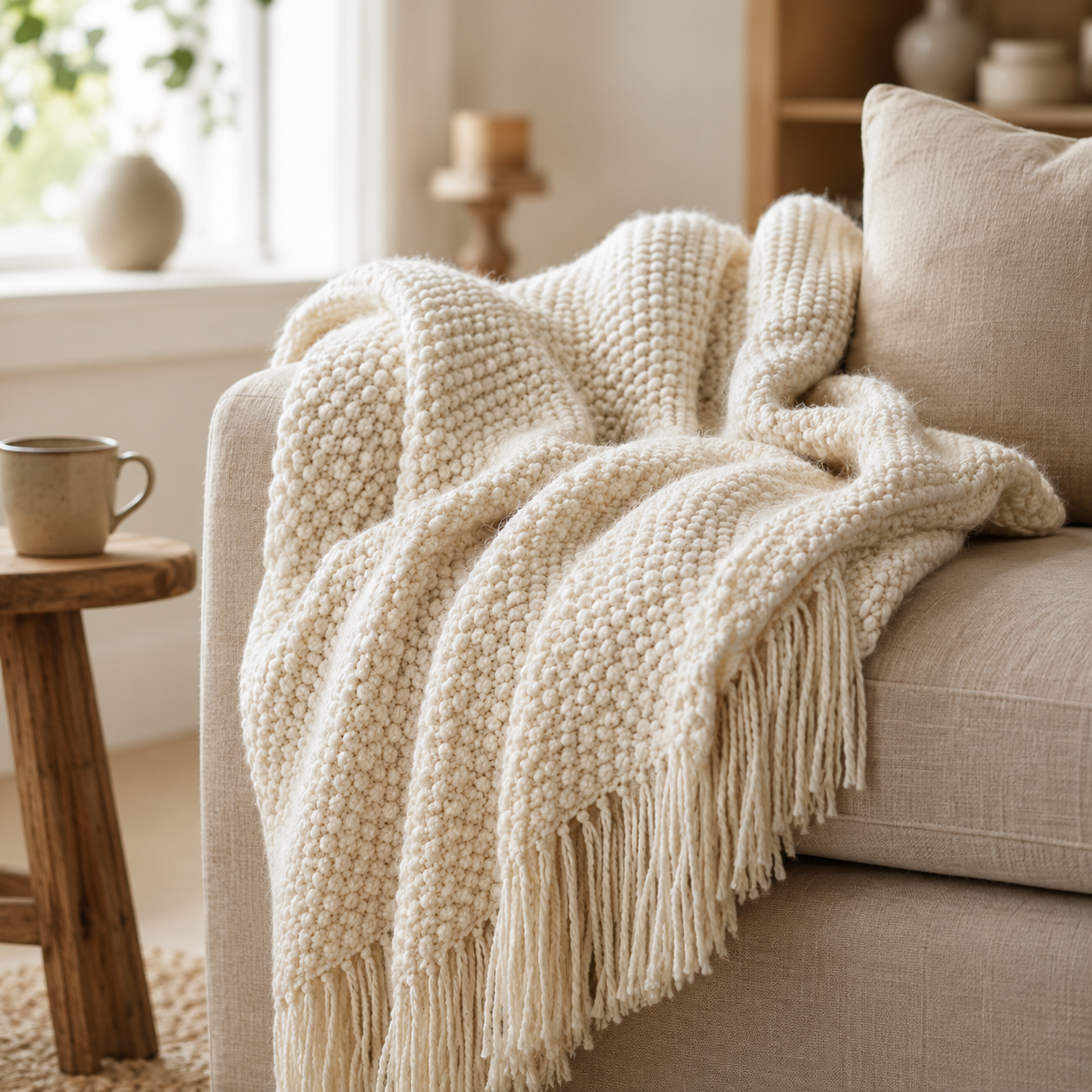 Cream White Knit Throw Blanket