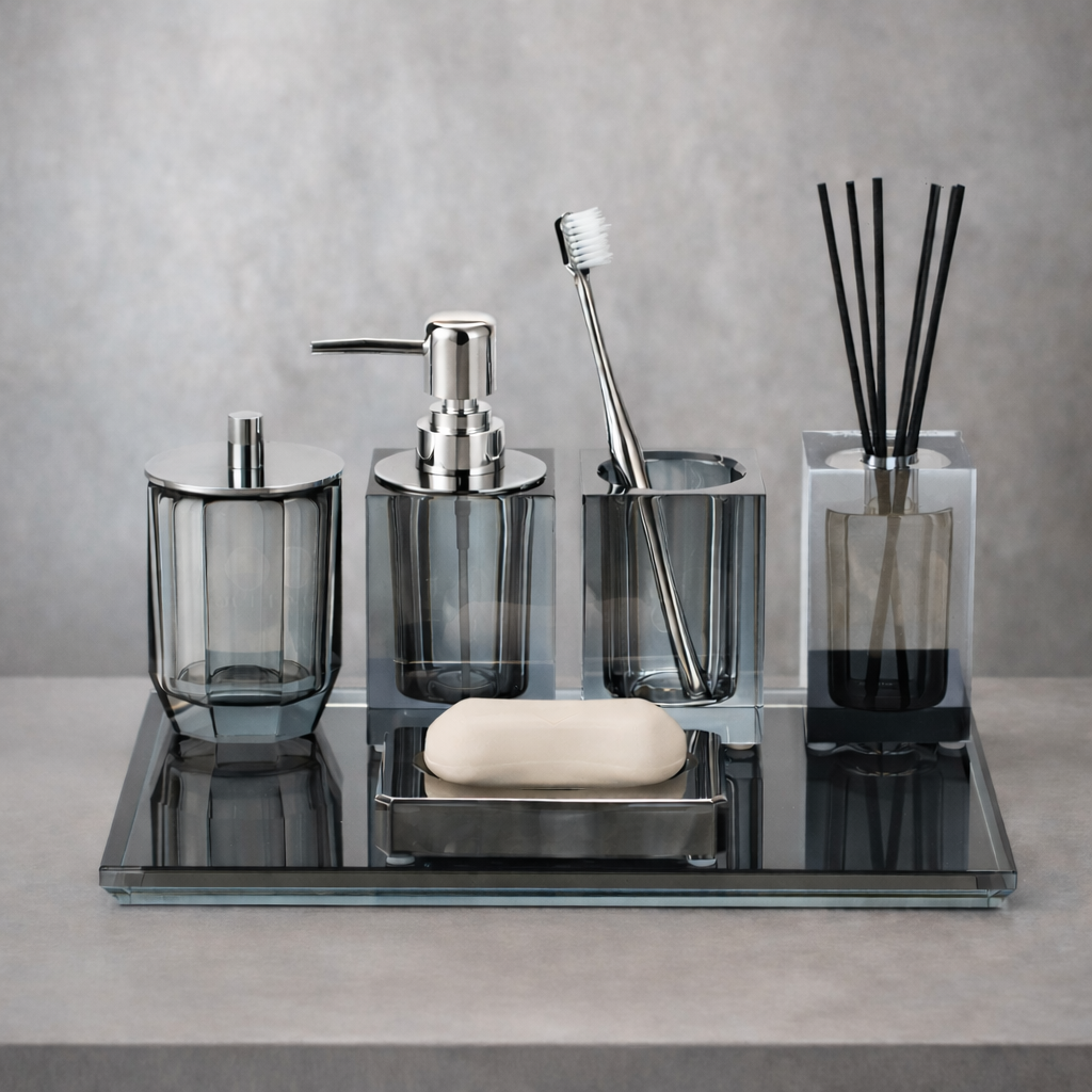 Moonlit Crystal Bathroom Accessory Set in Dark Grey Finish Modern Bathroom Decor