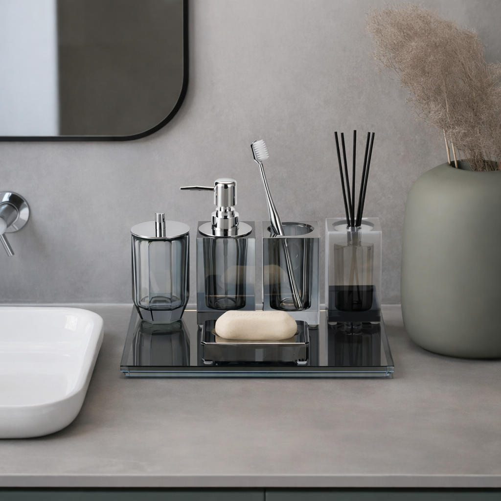 Moonlit Crystal Bathroom Accessory Set in Dark Grey Finish Modern Bathroom Decor
