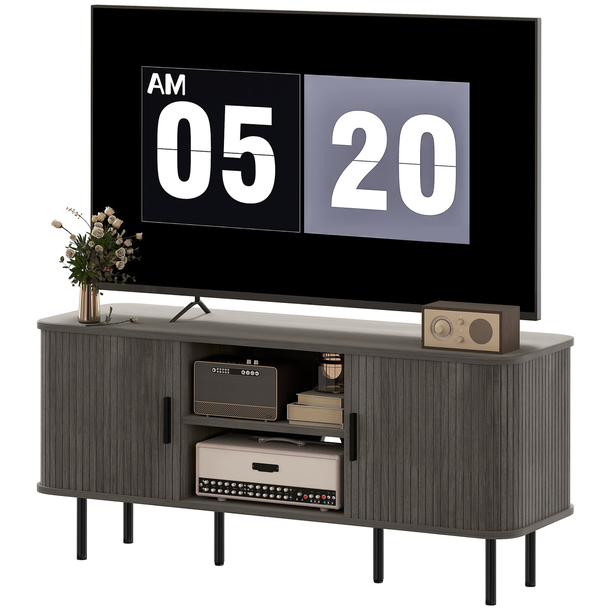 Grey TV Stand Cabinet with Slatted Tambour Doors