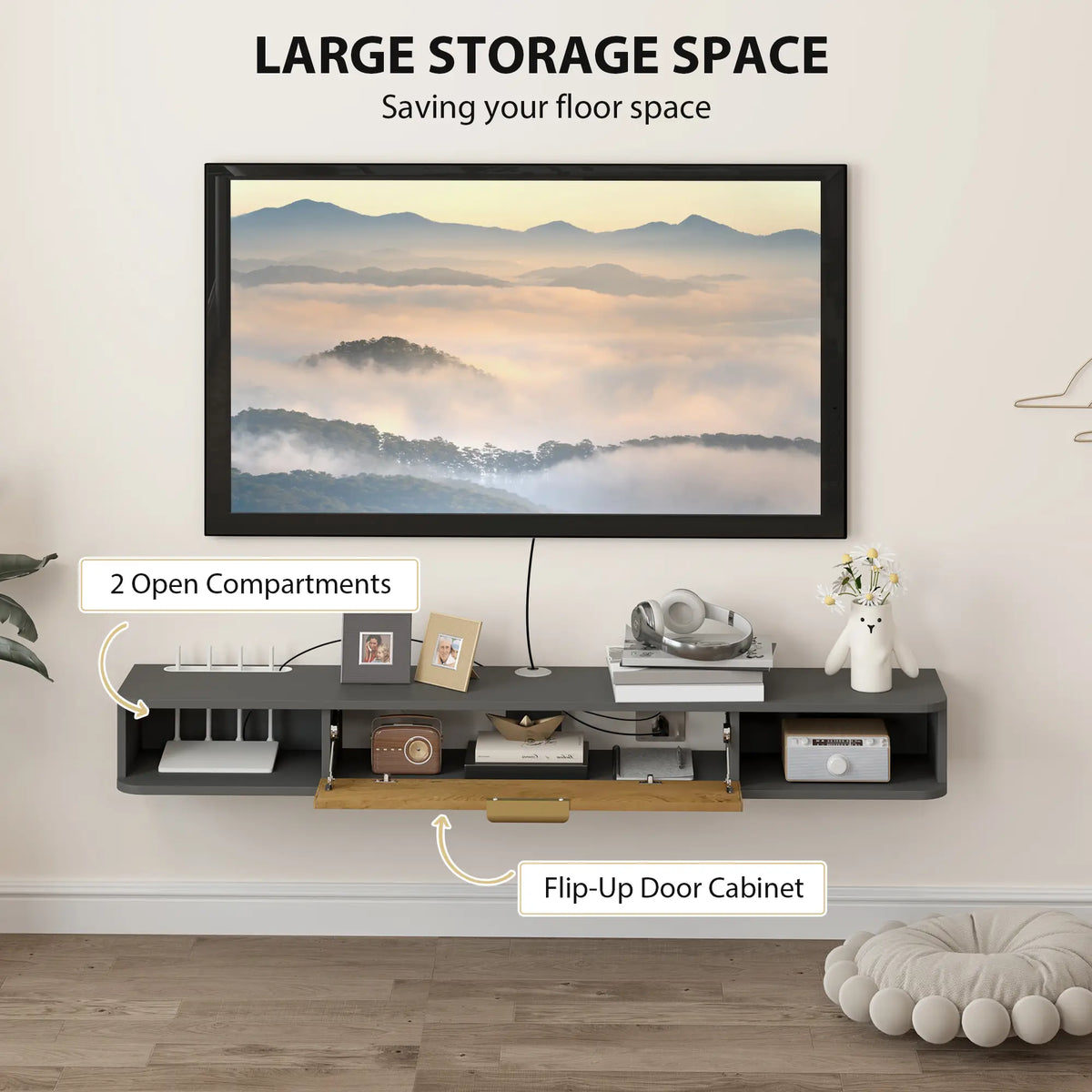 Charcoal Grey Floating TV Cabinet with Cable Management