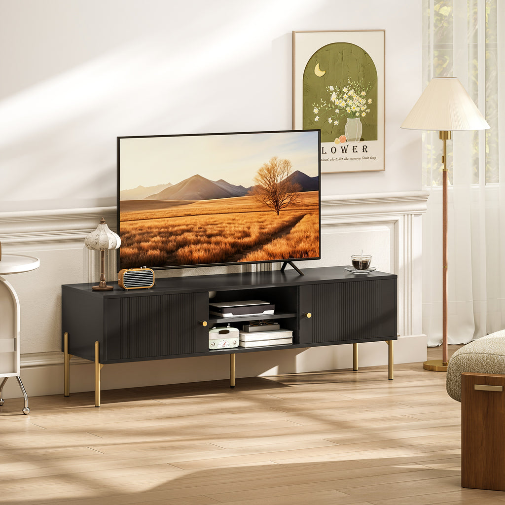 Black Fluted TV Stand with Gold Legs and 2 Cabinets