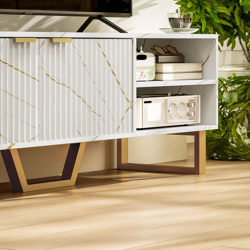 White Marble Effect TV Unit with Fluted Cabinet Doors