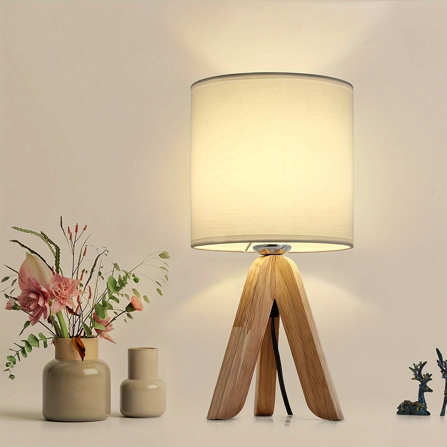 Nordic Wooden Tripod Table Lamp with Linen Shade
