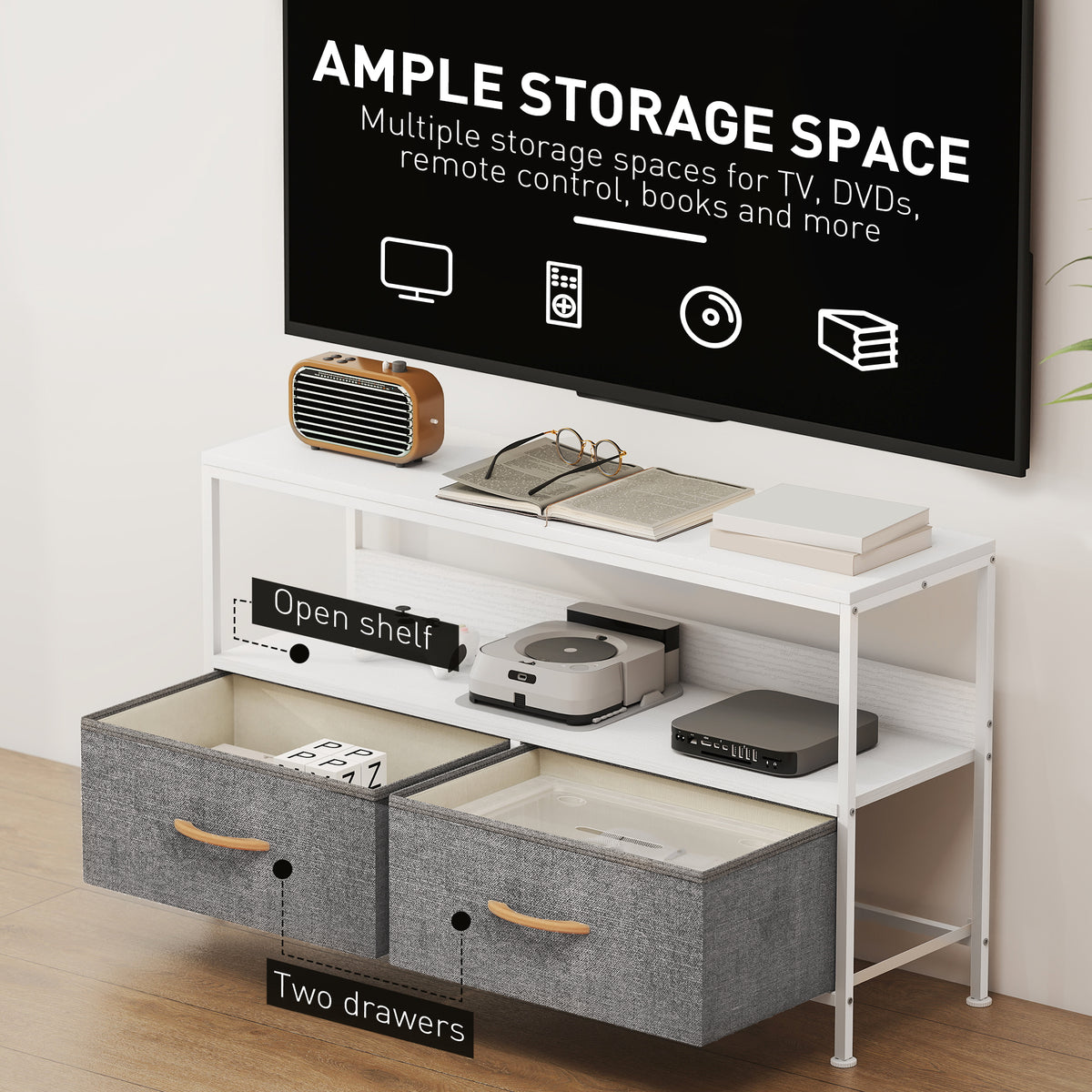 and Black TV Cabinet with Foldable Linen Drawers - White