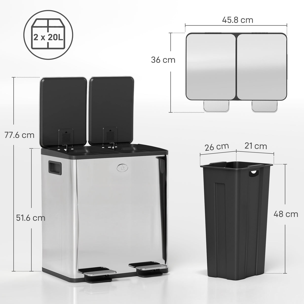 Dual Compartment Recycling Bin with Deodoriser Holders - Silver (Alt)