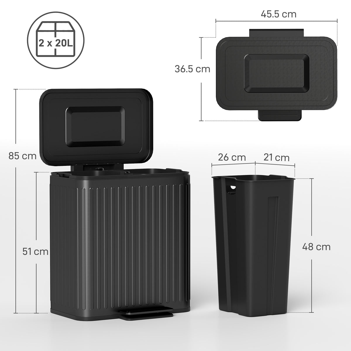 Dual Compartment Pedal Bin with Soft-Close Lid - Black