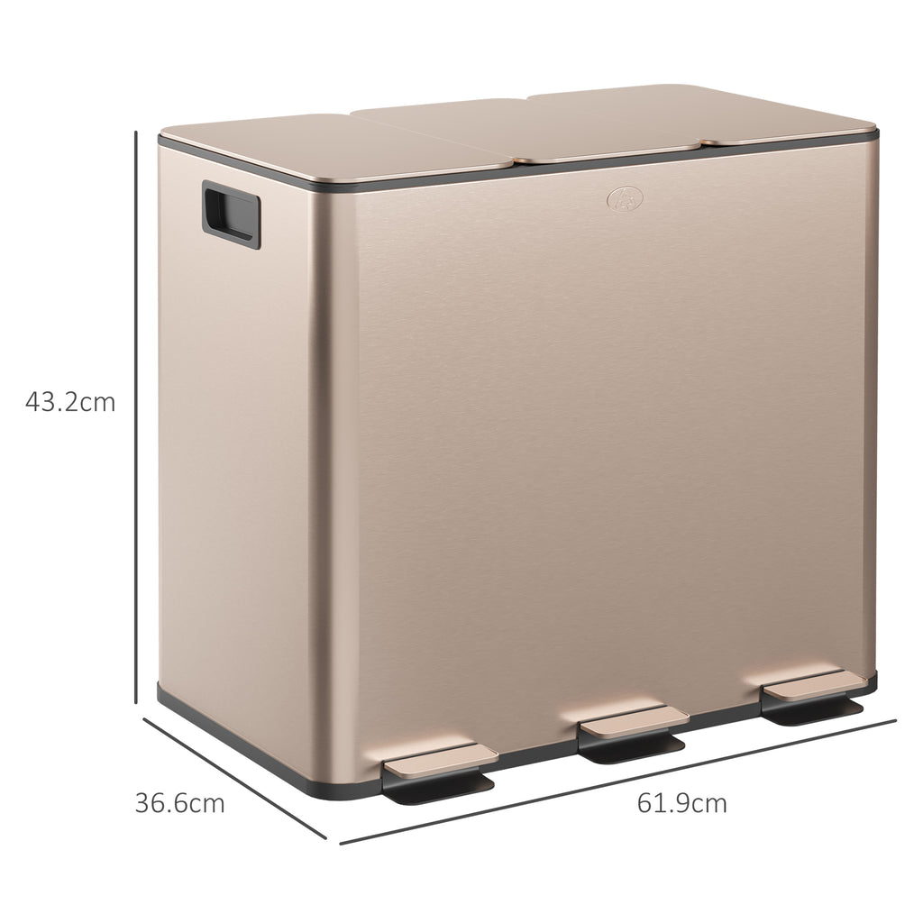 Triple Compartment Pedal Bin with Soft-Close Lid - Gold Tone