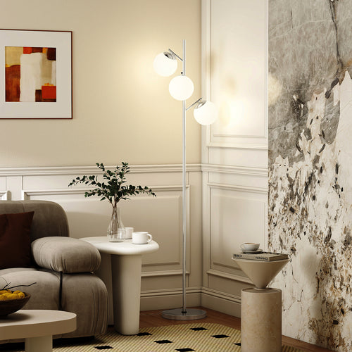 3-Light Tree Floor Lamp Globe Lampshades Silver Tone