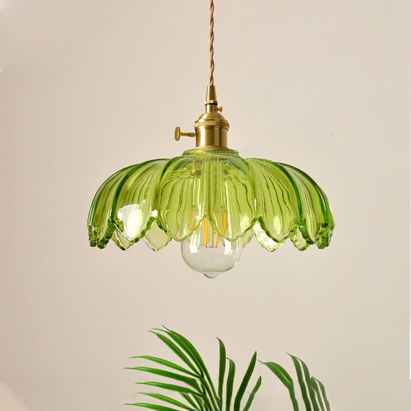 Vintage Flower Pendant Lamp with Coloured Glass Shade