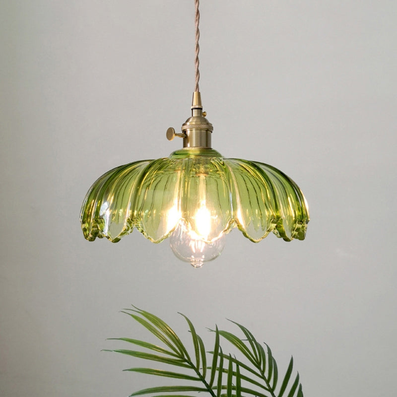 Vintage Flower Pendant Lamp with Coloured Glass Shade