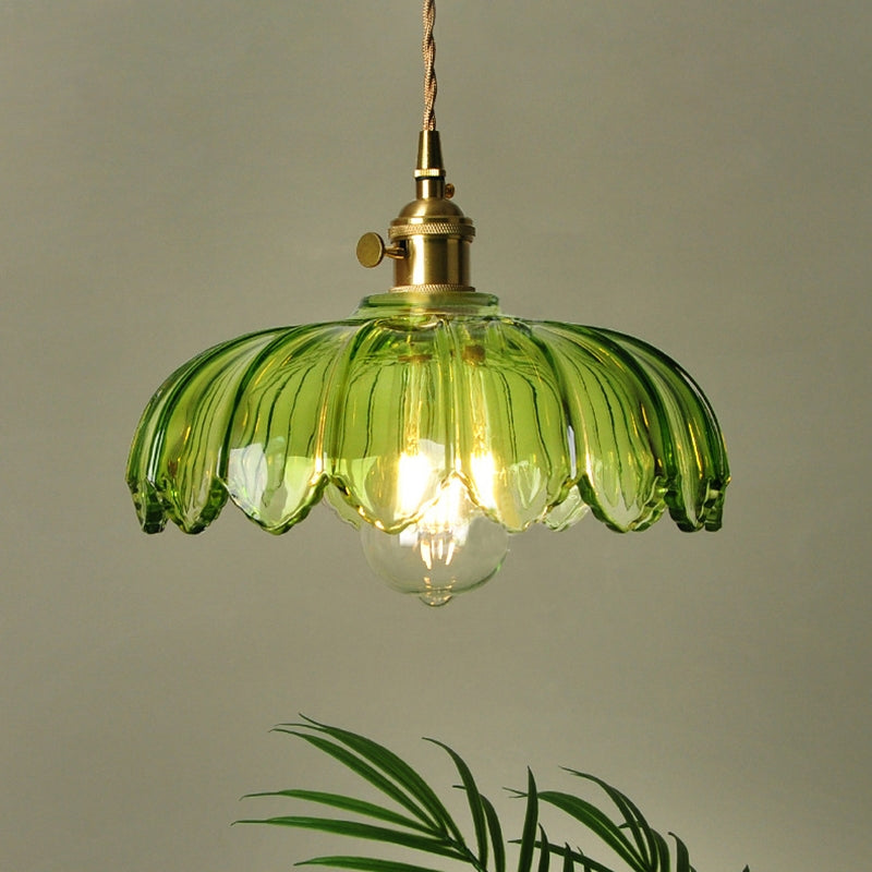 Vintage Flower Pendant Lamp with Coloured Glass Shade
