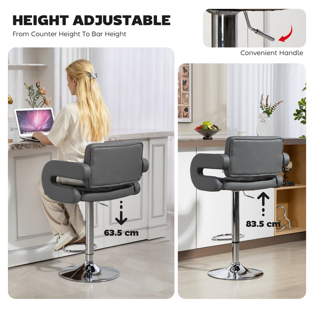 PU Leather Swivel Bar Stool with Backrest and Footrest - Grey